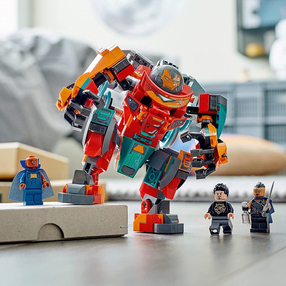 LEGO Marvel Sakaarian Iron Man set image highlights buildable mech and rebuildable car.