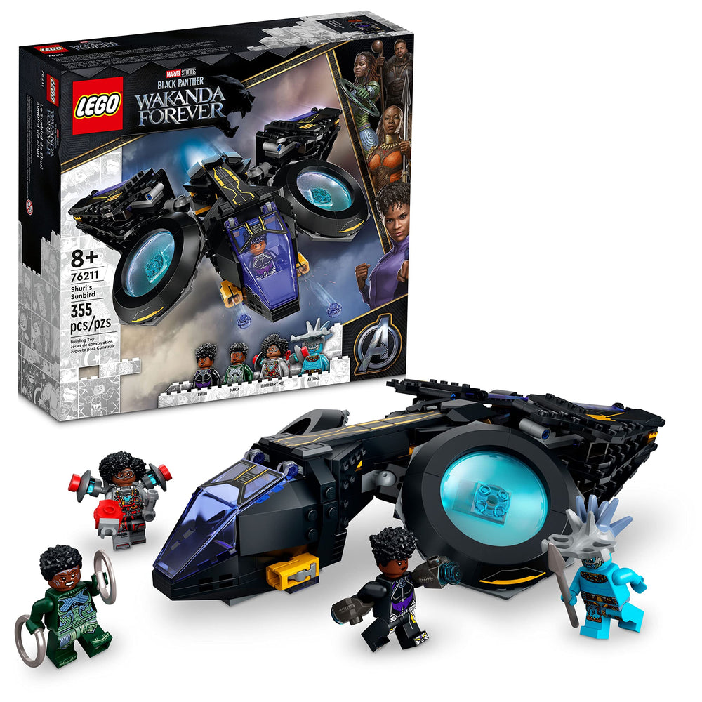 LEGO Marvel Shuri's Sunbird front view showing authentic plane styling for imaginative play.