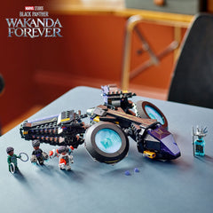LEGO Marvel Shuri's Sunbird wing-tilt feature for dynamic flight poses and action.