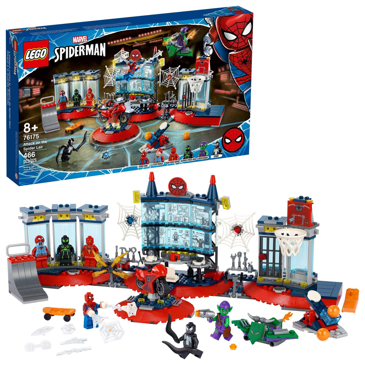 LEGO Marvel Spider-Man Attack on the Spider Lair 76175 front view for immersive superhero play.