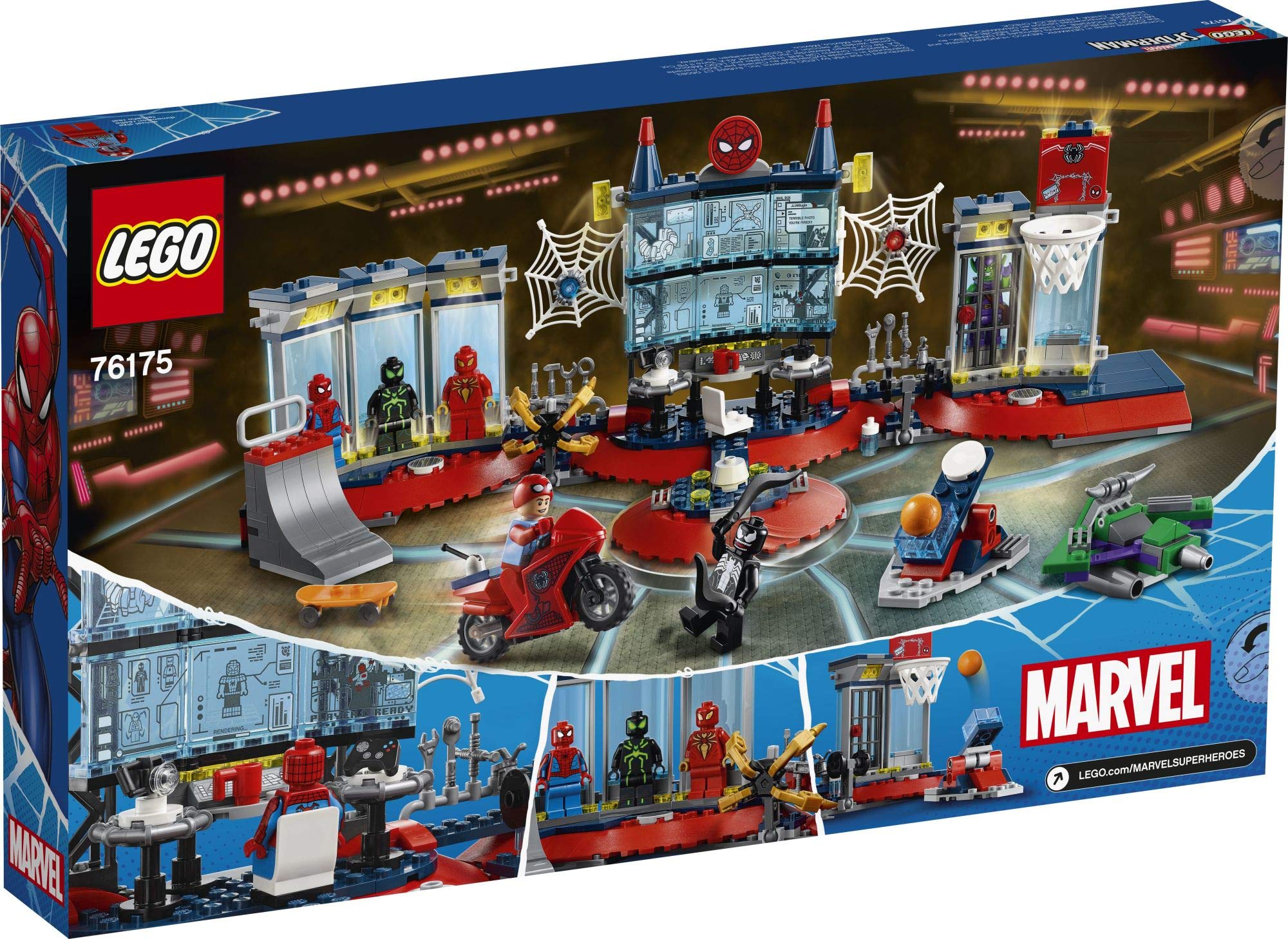 LEGO Marvel Spider-Man Attack on the Spider Lair 76175 motorbike and Iron Spider Suit enable dynamic missions.
