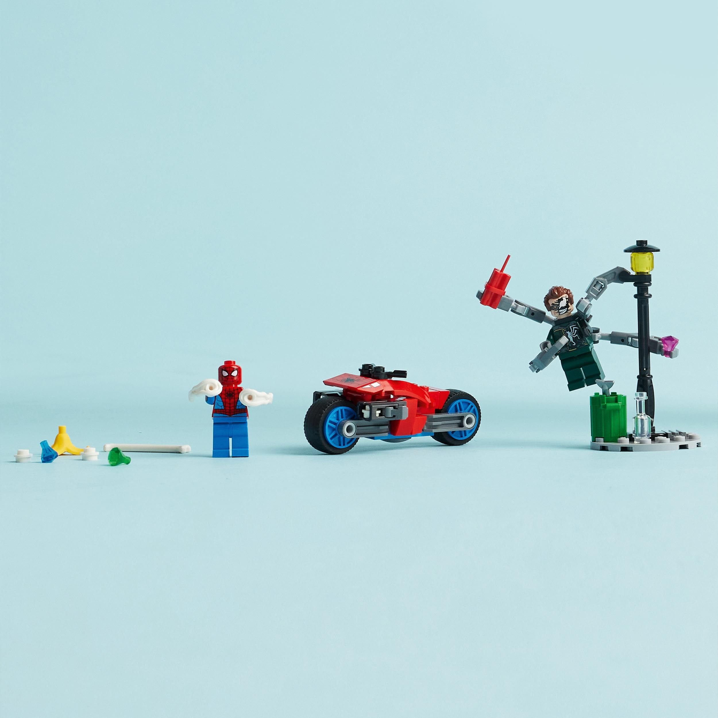 LEGO Marvel motorcycle with stud shooters providing extra chase excitement.