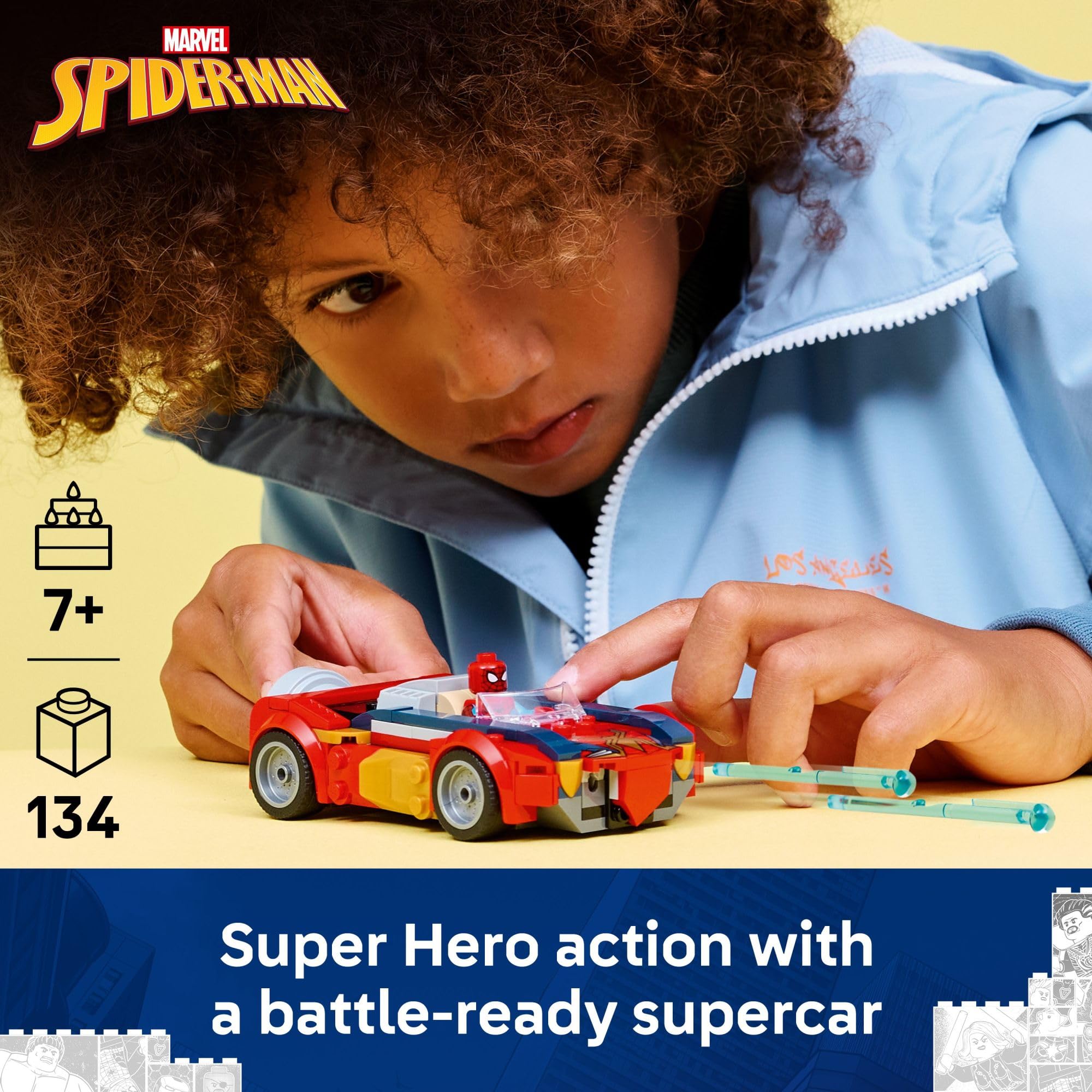 LEGO Marvel Spider-Man car with spring shooters in action.