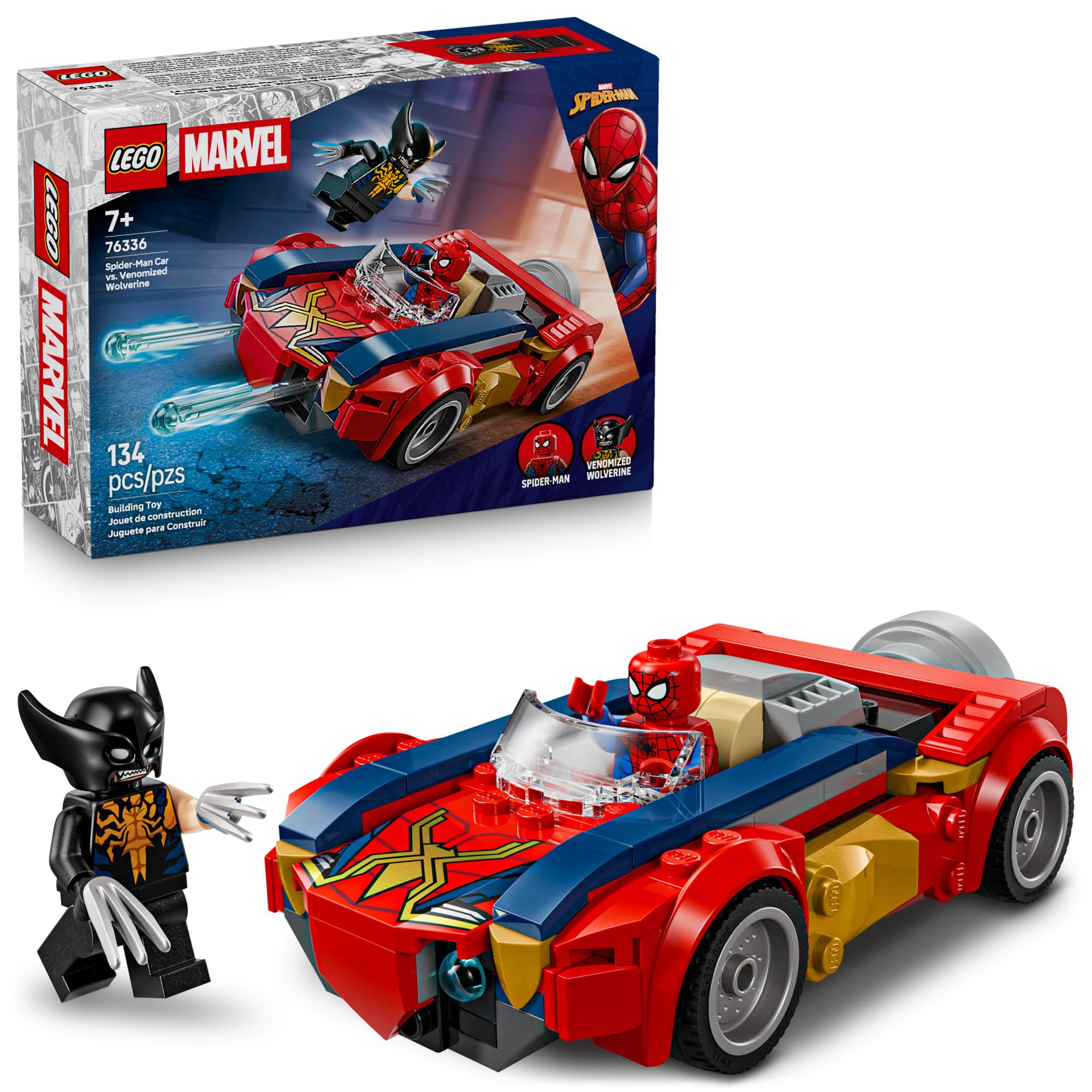 LEGO Marvel Spider-Man Car vs Venomized Wolverine front view for action-packed battles.
