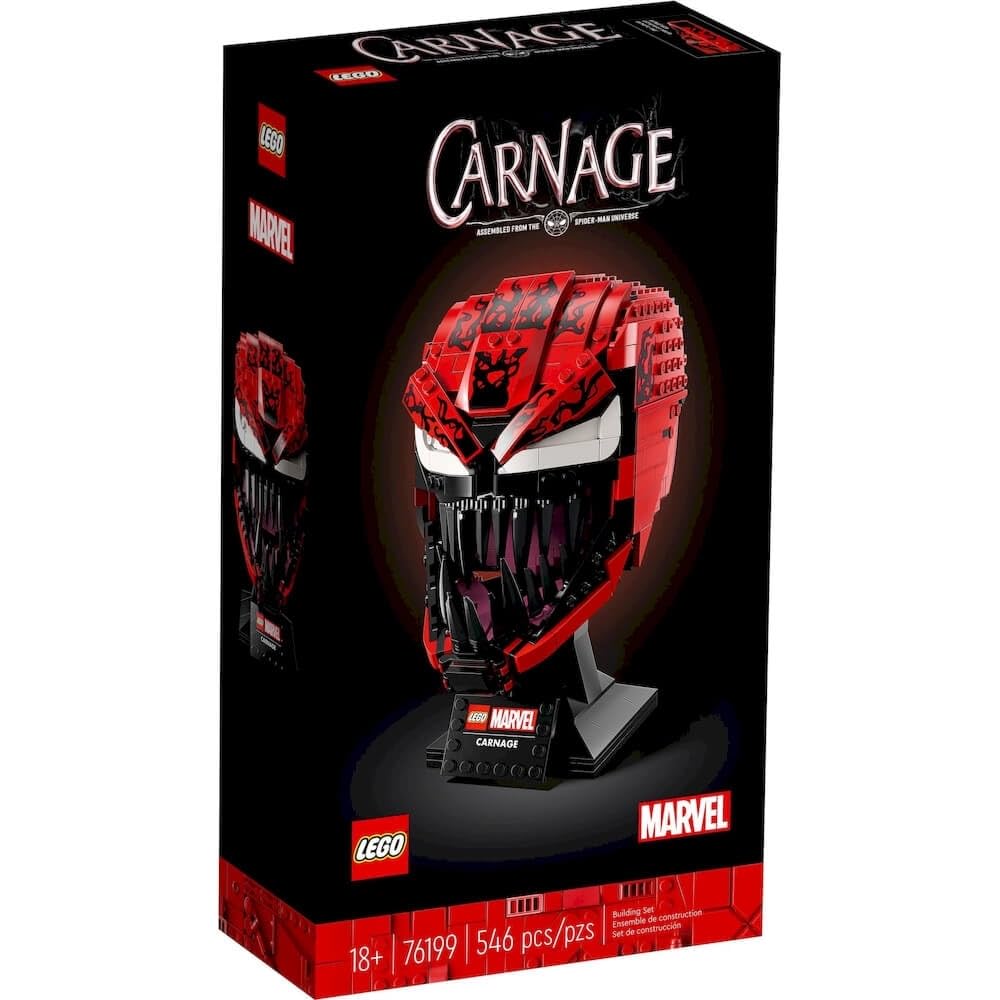 LEGO Marvel Spider-Man Carnage front view highlights authentic villain details for display