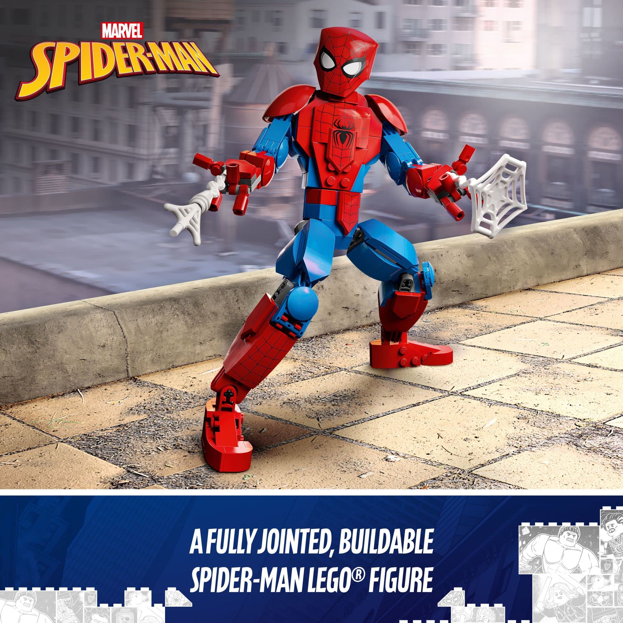 LEGO Marvel Spider-Man figure with web elements for dynamic battle scenes.