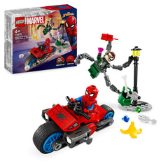 LEGO Marvel Spider-Man motorcycle chase image: Spider-Man on a fast bike for action-packed play.