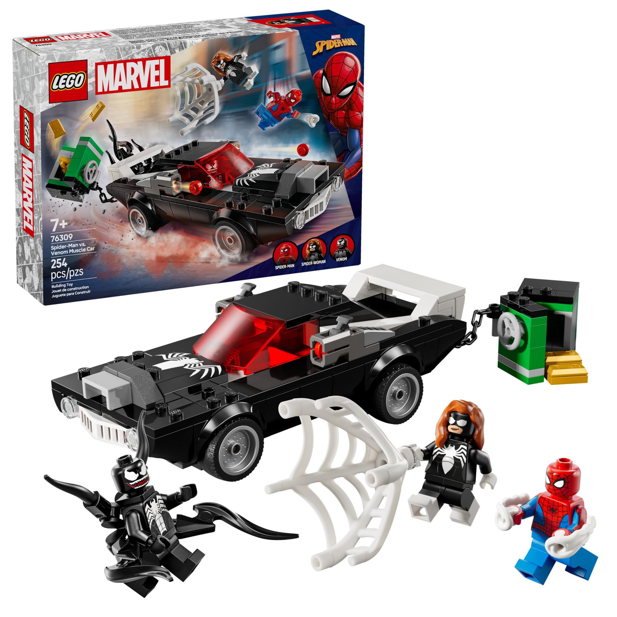 LEGO Marvel Spider-Man vs Venom Muscle Car front view showing dynamic design and action pose