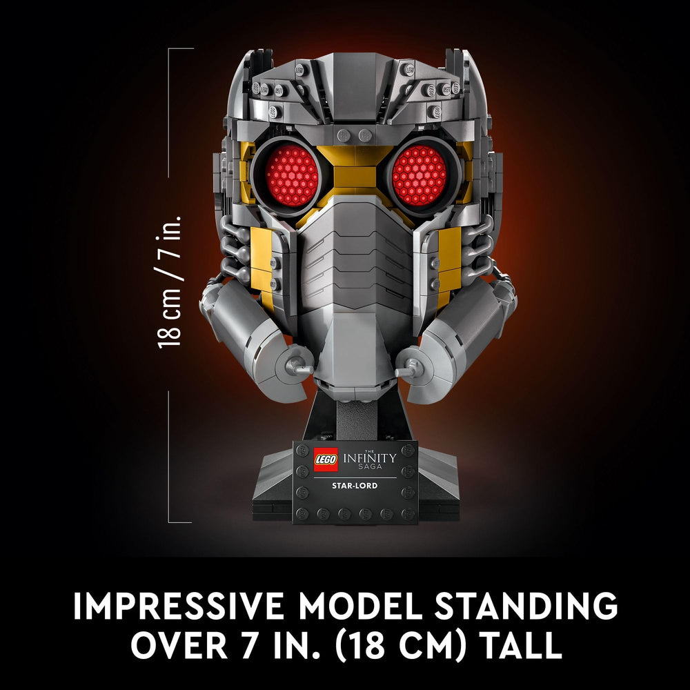 Close-up LEGO brick detailing enhances Star-Lord’s helmet for immersive building projects.