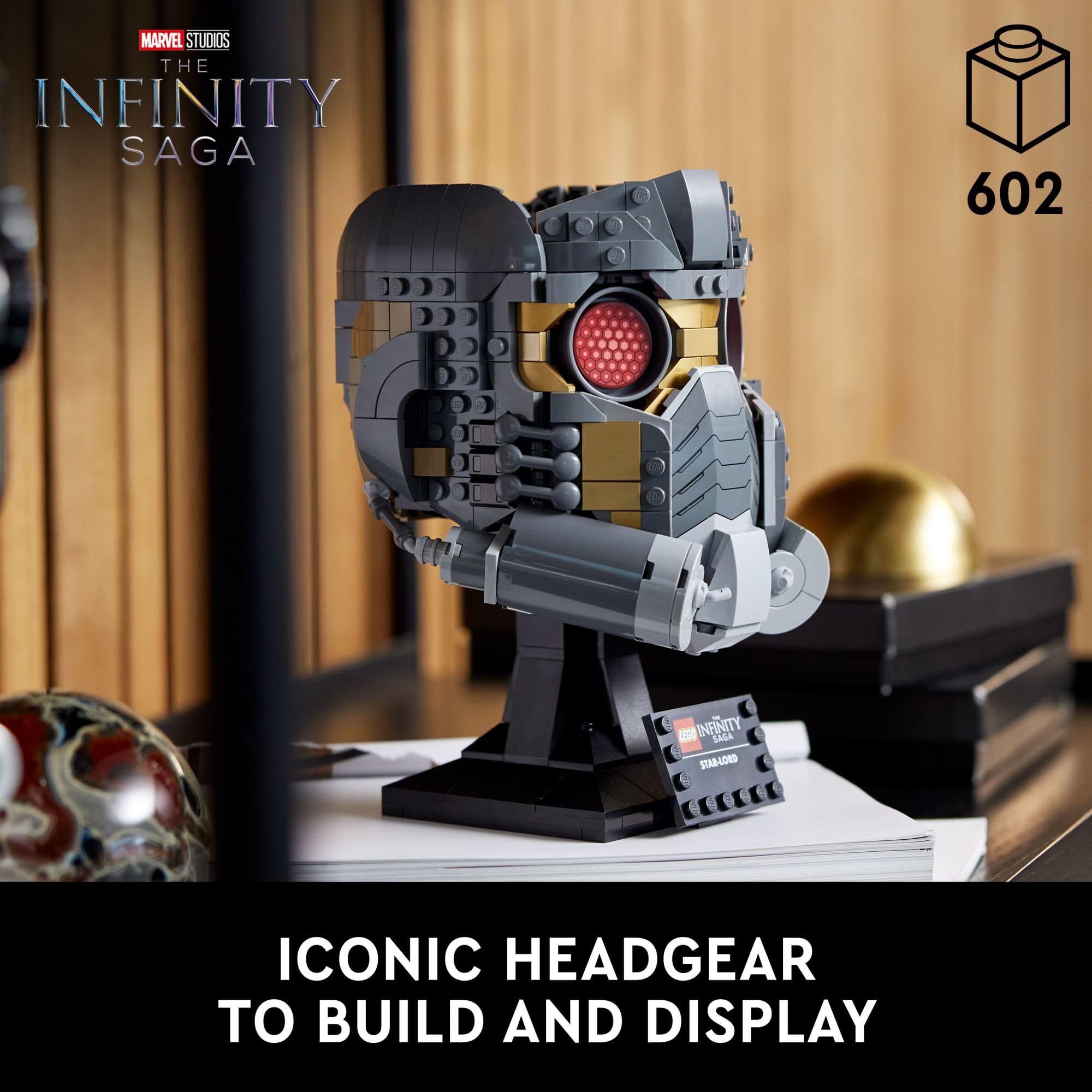 LEGO Marvel Star-Lord’s Helmet-base with nameplate offers sturdy display and collecting appeal.