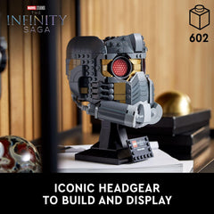 LEGO Marvel Star-Lord’s Helmet-base with nameplate offers sturdy display and collecting appeal.