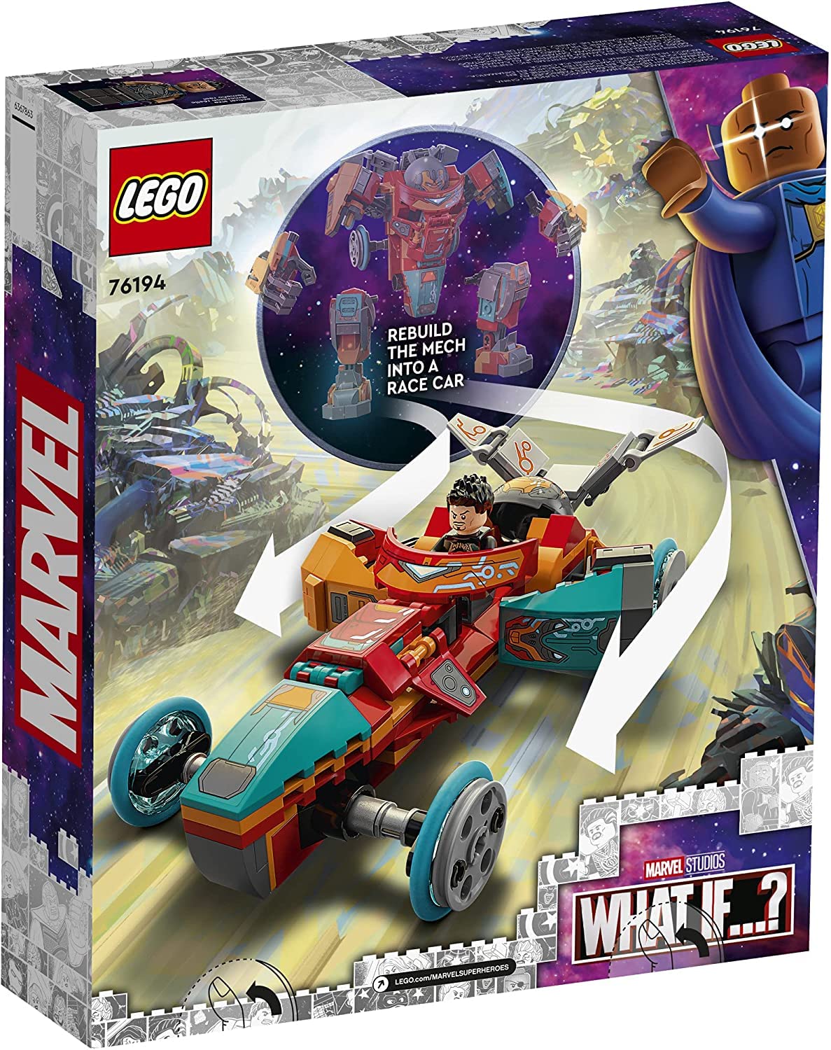 LEGO Marvel Tony Stark Sakaarian Iron Man mech shows highly posable action for dynamic play.