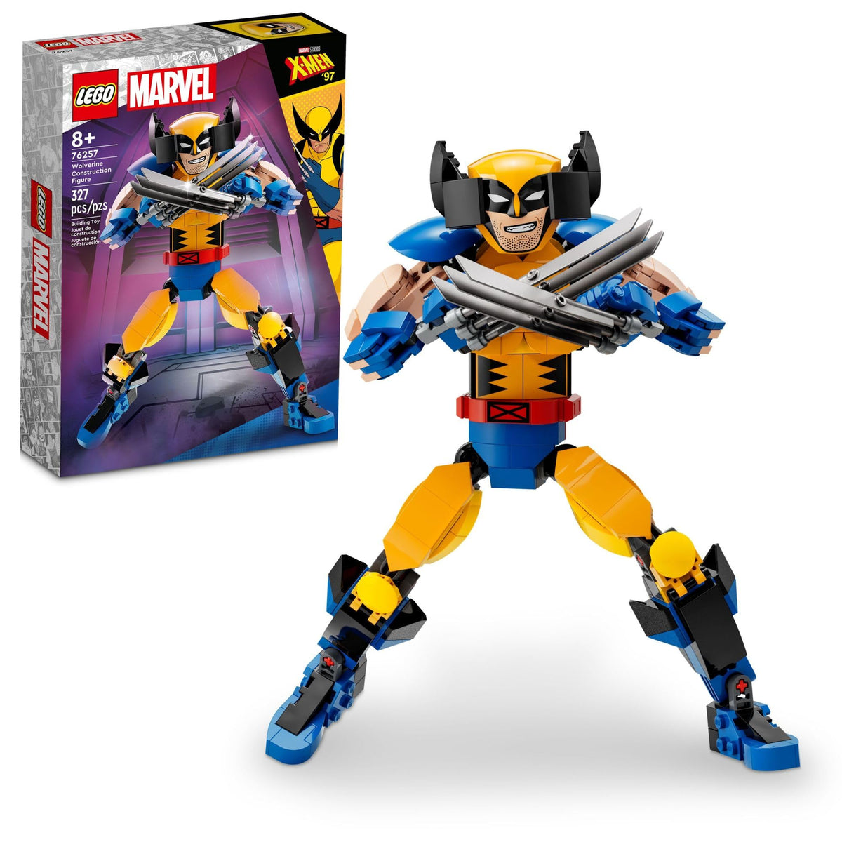 LEGO Marvel Wolverine figure in a dynamic hero pose for play and display.