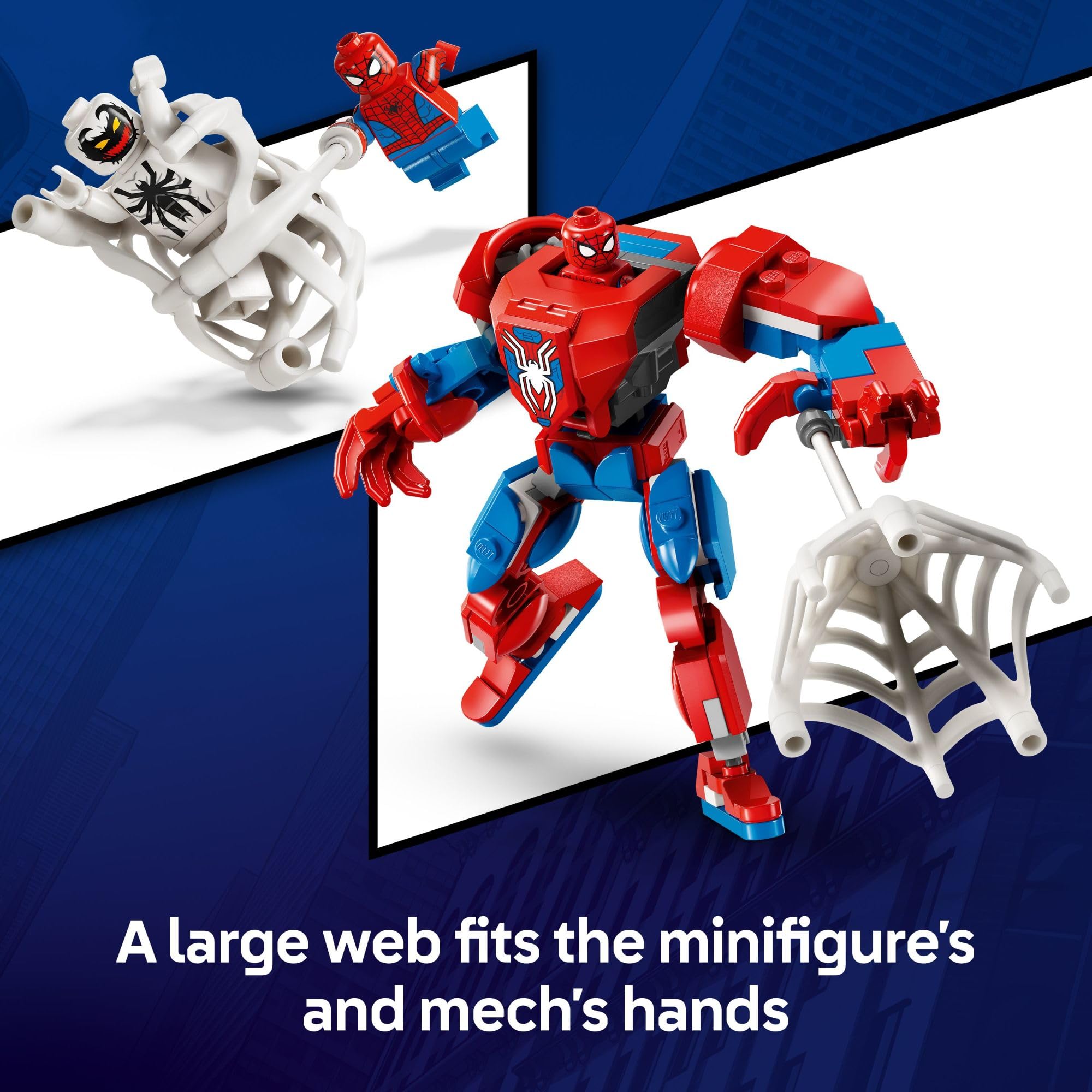 LEGO mech with movable arms and legs enhances poseability during play.