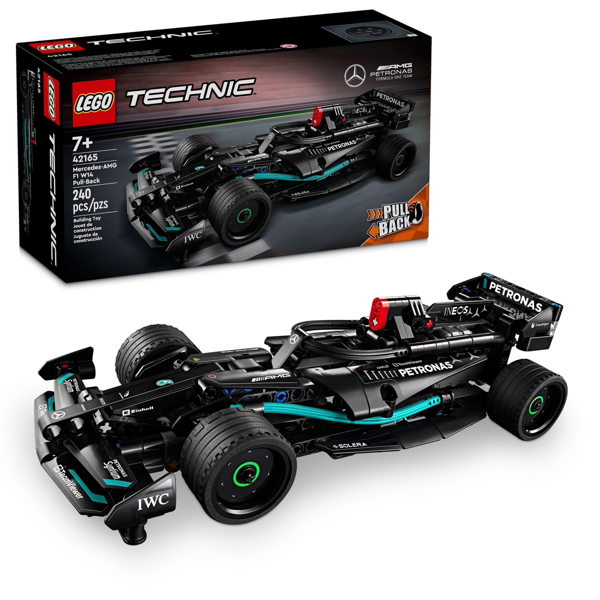 LEGO Technic Mercedes-AMG F1 W14 E front view with authentic livery for immersive play