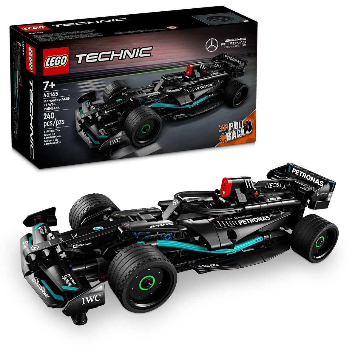 LEGO Technic Mercedes-AMG F1 W14 E front view with authentic livery for immersive play