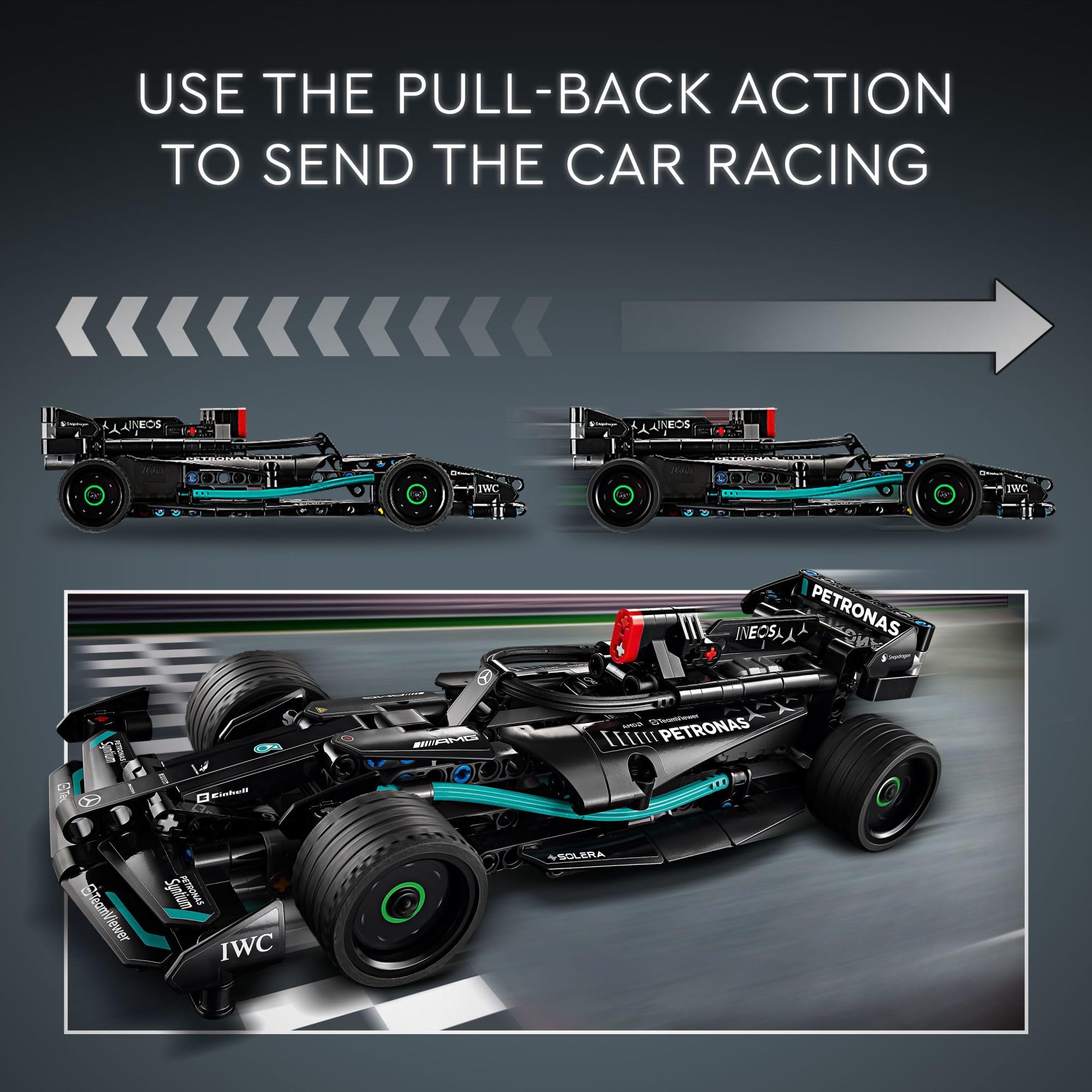LEGO Technic Mercedes-AMG F1 W14 E rear view reveals accurate proportions and build cues