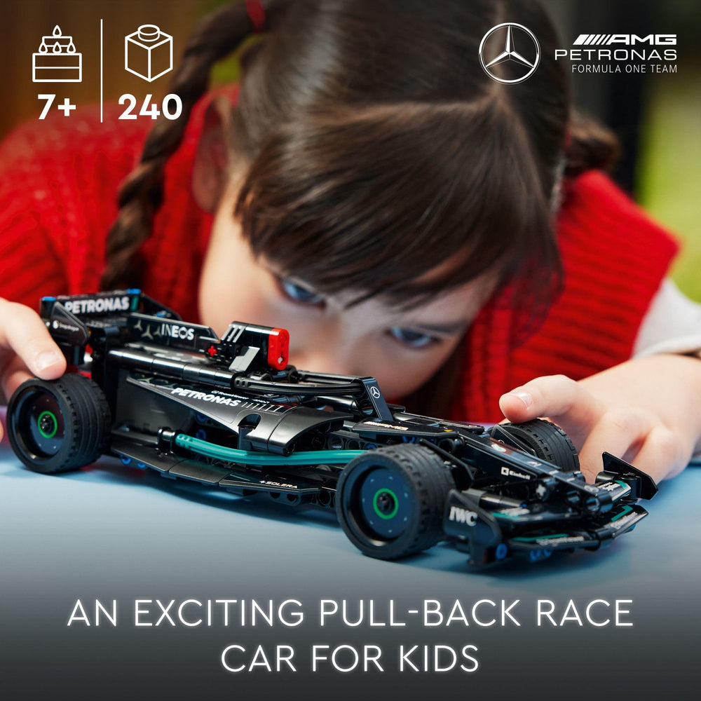 LEGO Technic Mercedes-AMG F1 W14 E side view highlights detailed stickers for realism