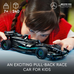 LEGO Technic Mercedes-AMG F1 W14 E side view highlights detailed stickers for realism