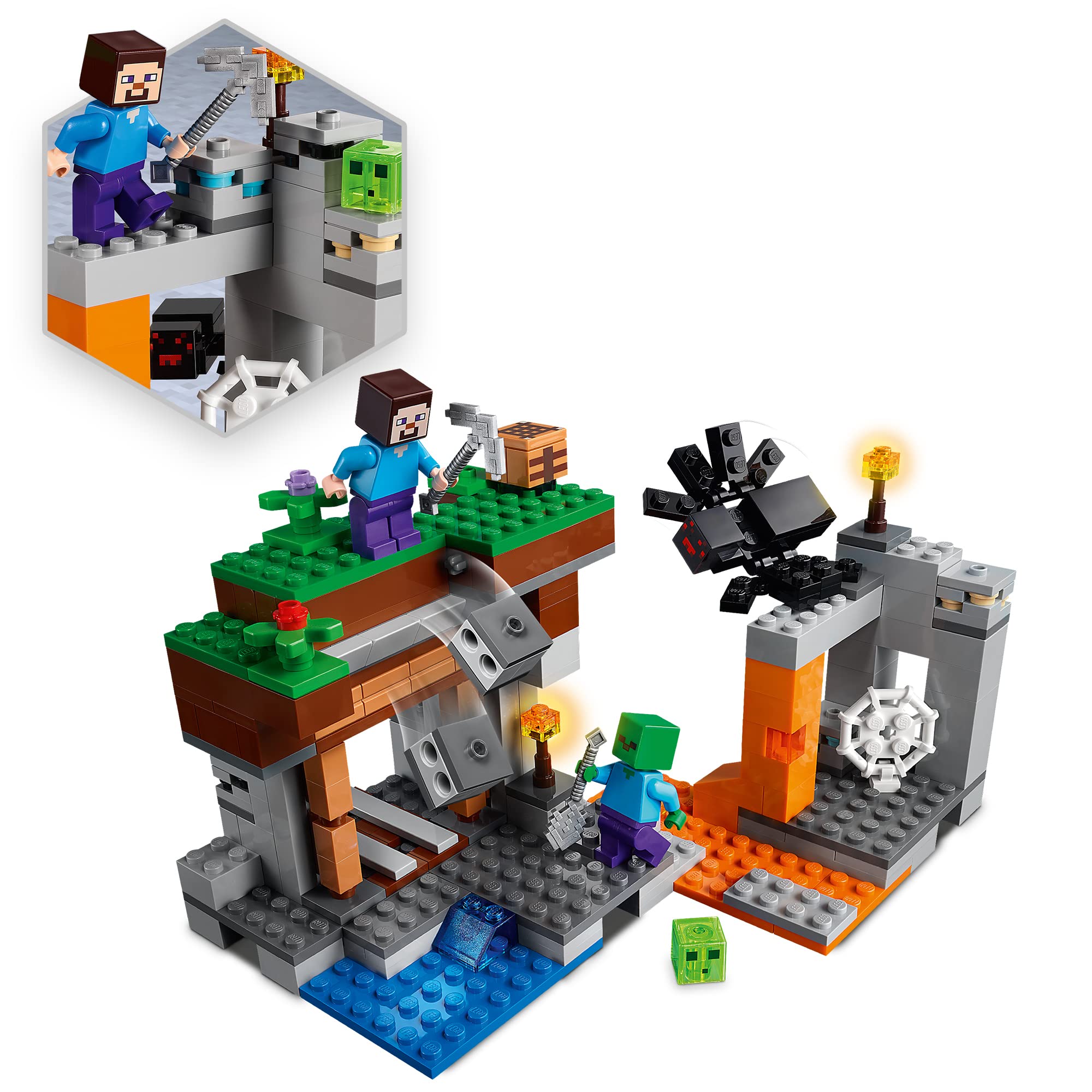 LEGO Minecraft Abandoned Mine gravel trap action enhances play dynamics.