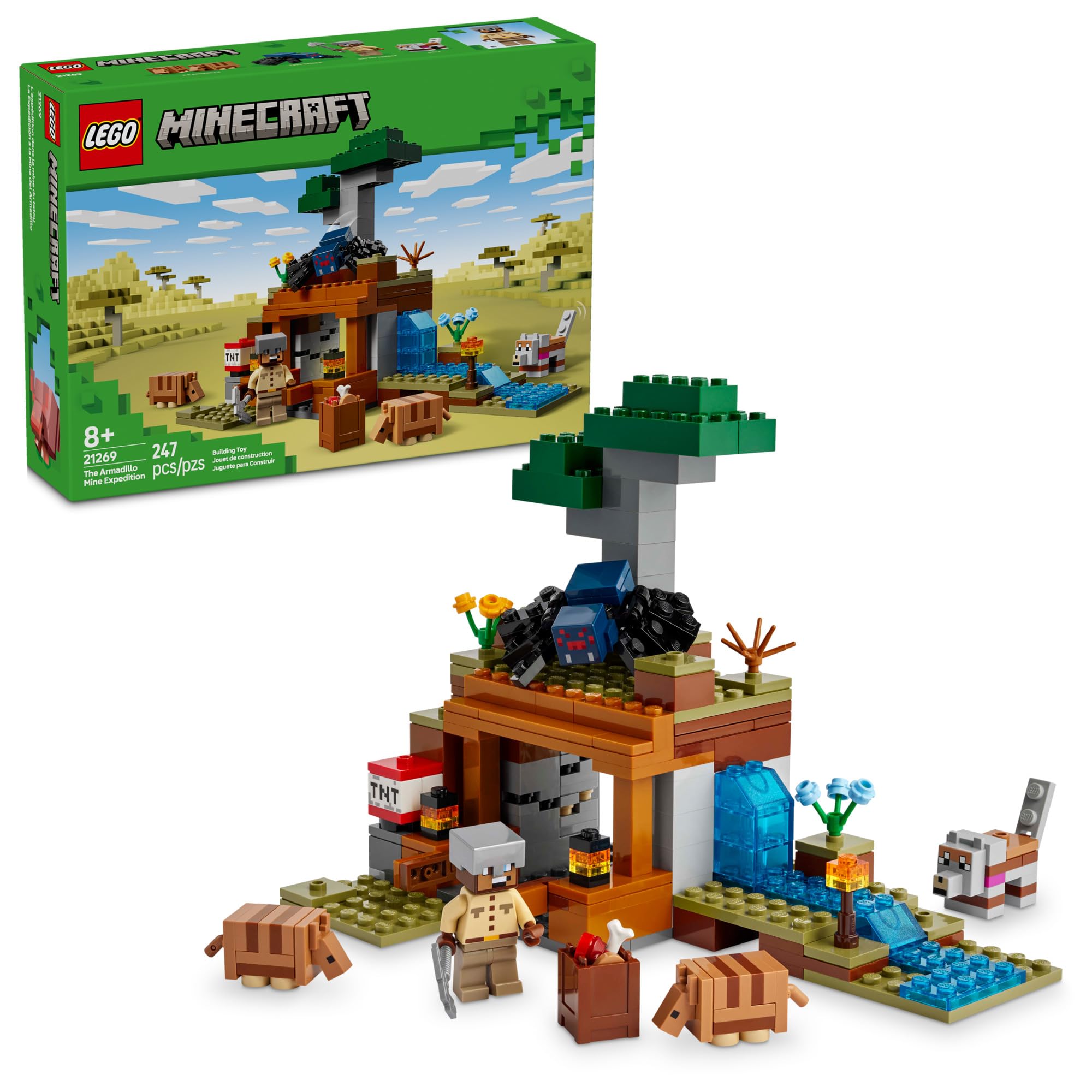 LEGO Minecraft Armadillo Mine Expedition 21269 build scene with rugged terrain for imaginative play.