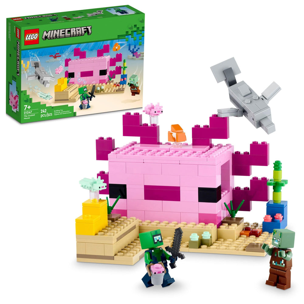 LEGO Minecraft The Axolotl House 21247 front view of a colorful underwater base for imaginative play