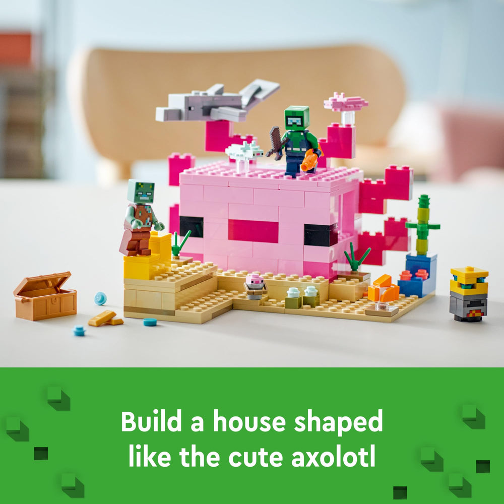 LEGO Minecraft The Axolotl House 21247 interior view shows furnished spaces and a smelting furnace