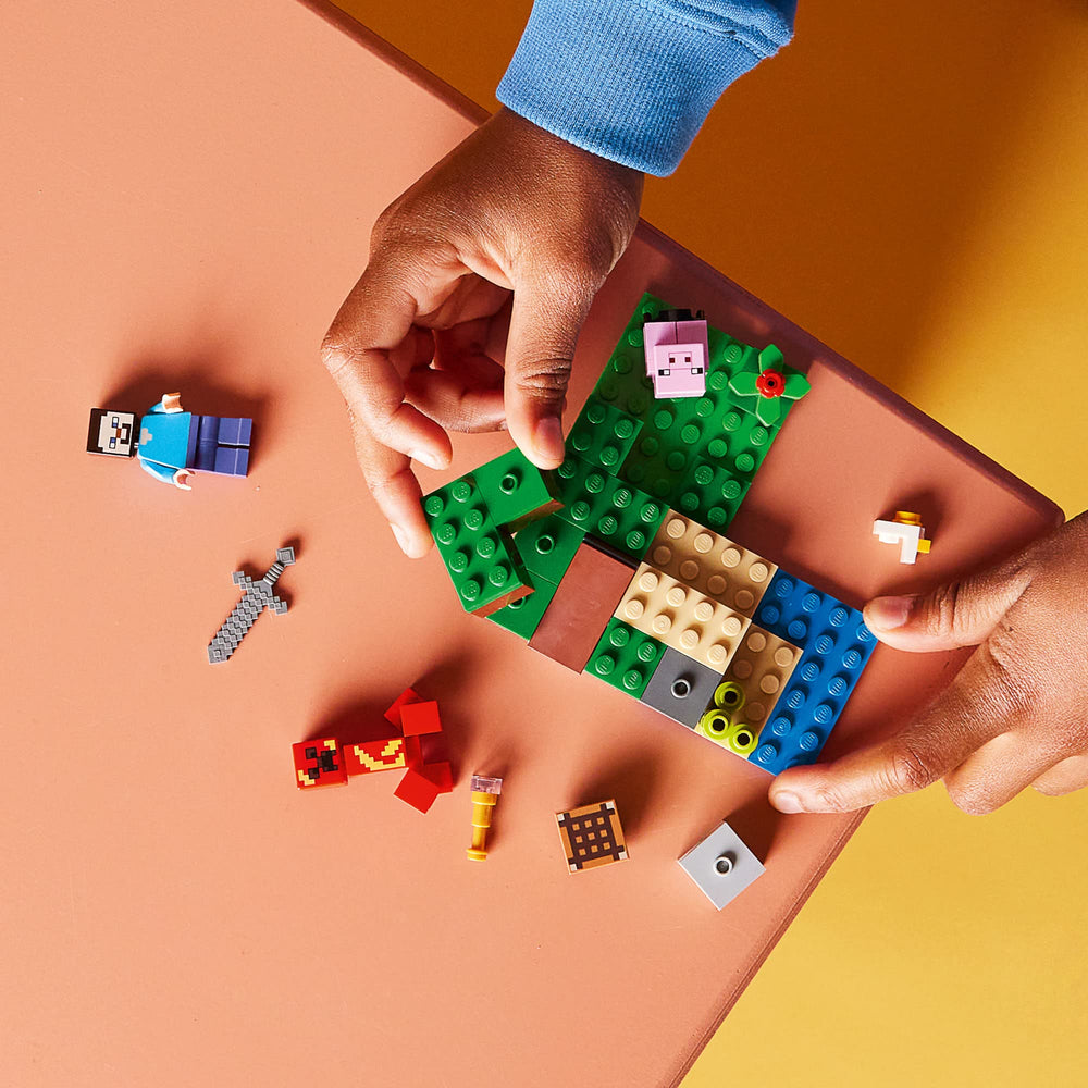 LEGO Minecraft baby pig figure adds wildlife detail to plains.