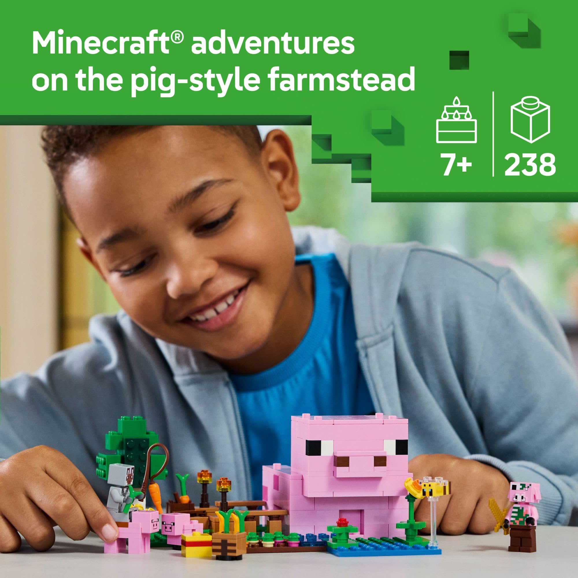 LEGO Minecraft Baby Pig House interior shows bed, bookcase, crafting table for pretend setup