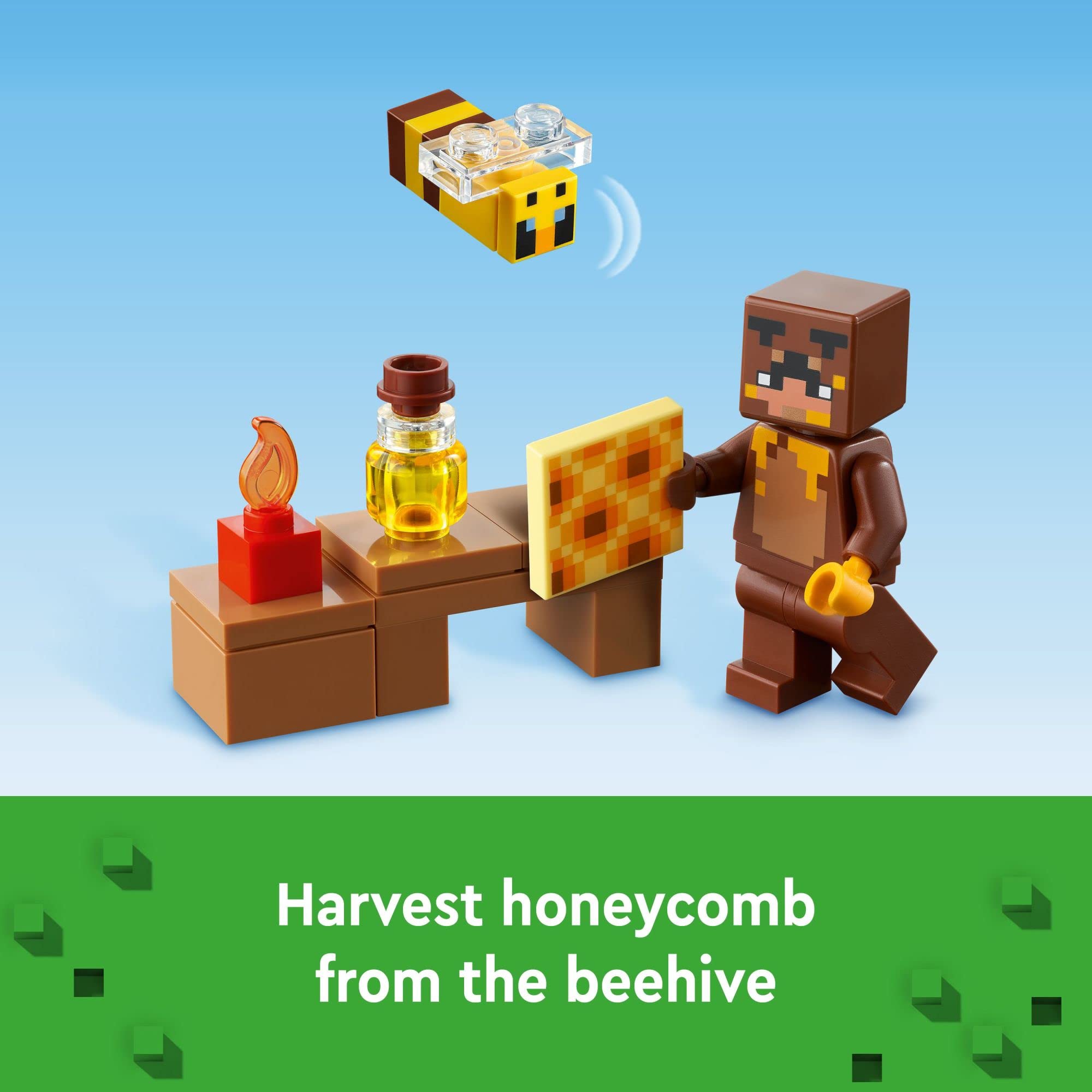LEGO Minecraft The Bee Cottage highlights bee figures and mobs for action play.