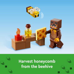 LEGO Minecraft The Bee Cottage highlights bee figures and mobs for action play.