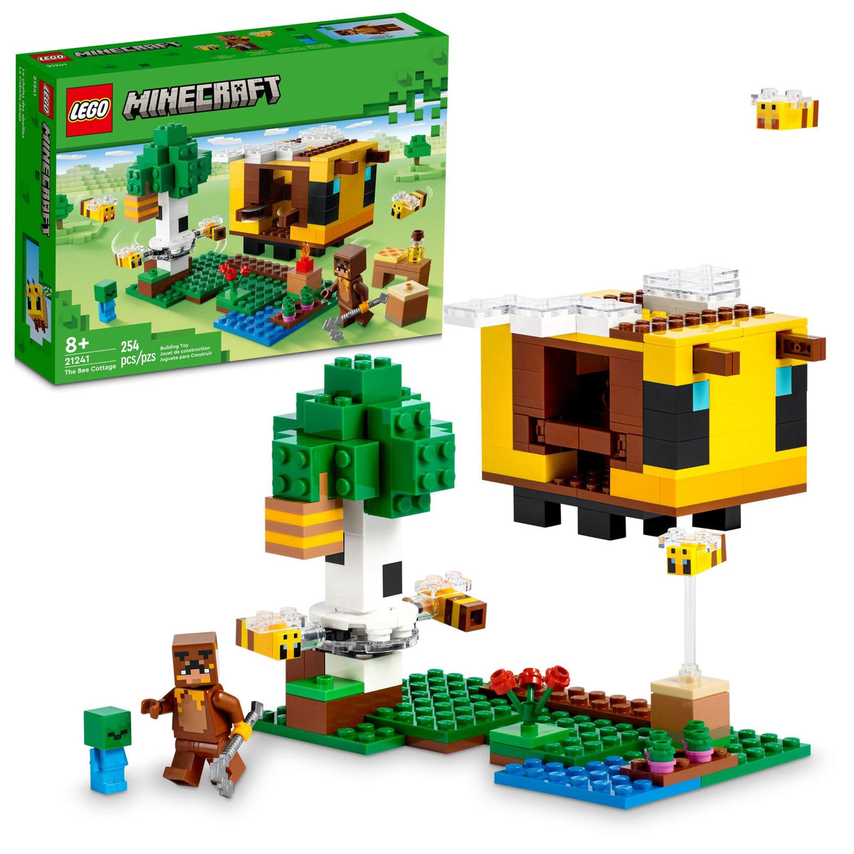 LEGO Minecraft The Bee Cottage house with bee figures for imaginative building play.