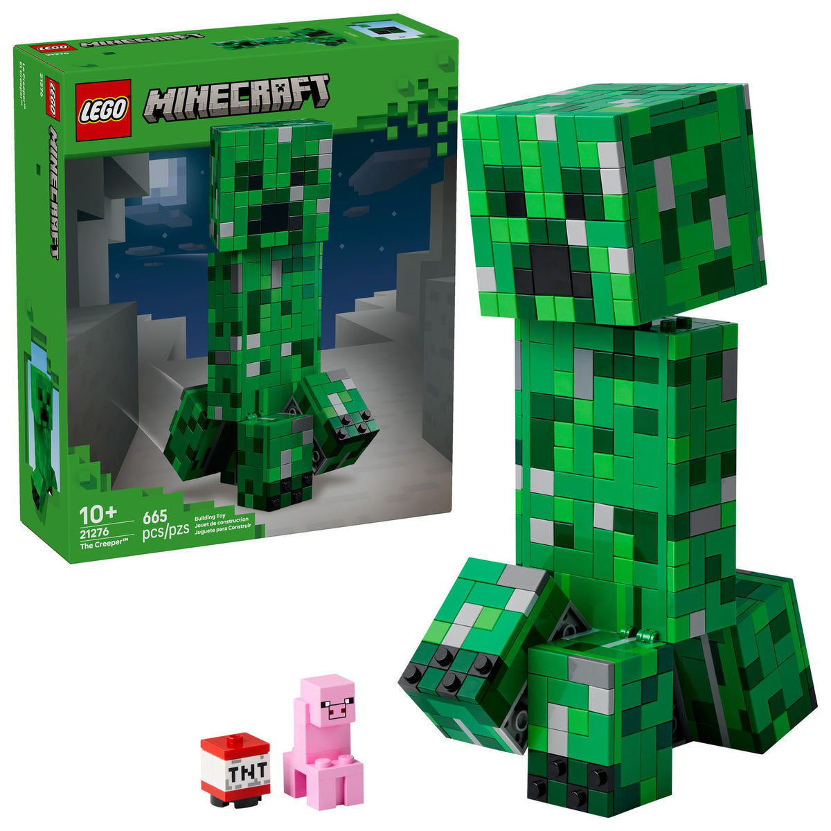 LEGO Minecraft Creeper figure stands tall for display and imaginative play.
