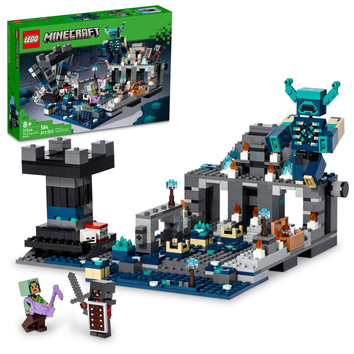 LEGO Minecraft Deep Dark Battle Tower explosion scene for dynamic action play