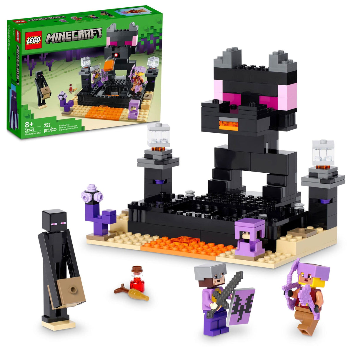 LEGO Minecraft End Arena shows a PvP battle area for dynamic play