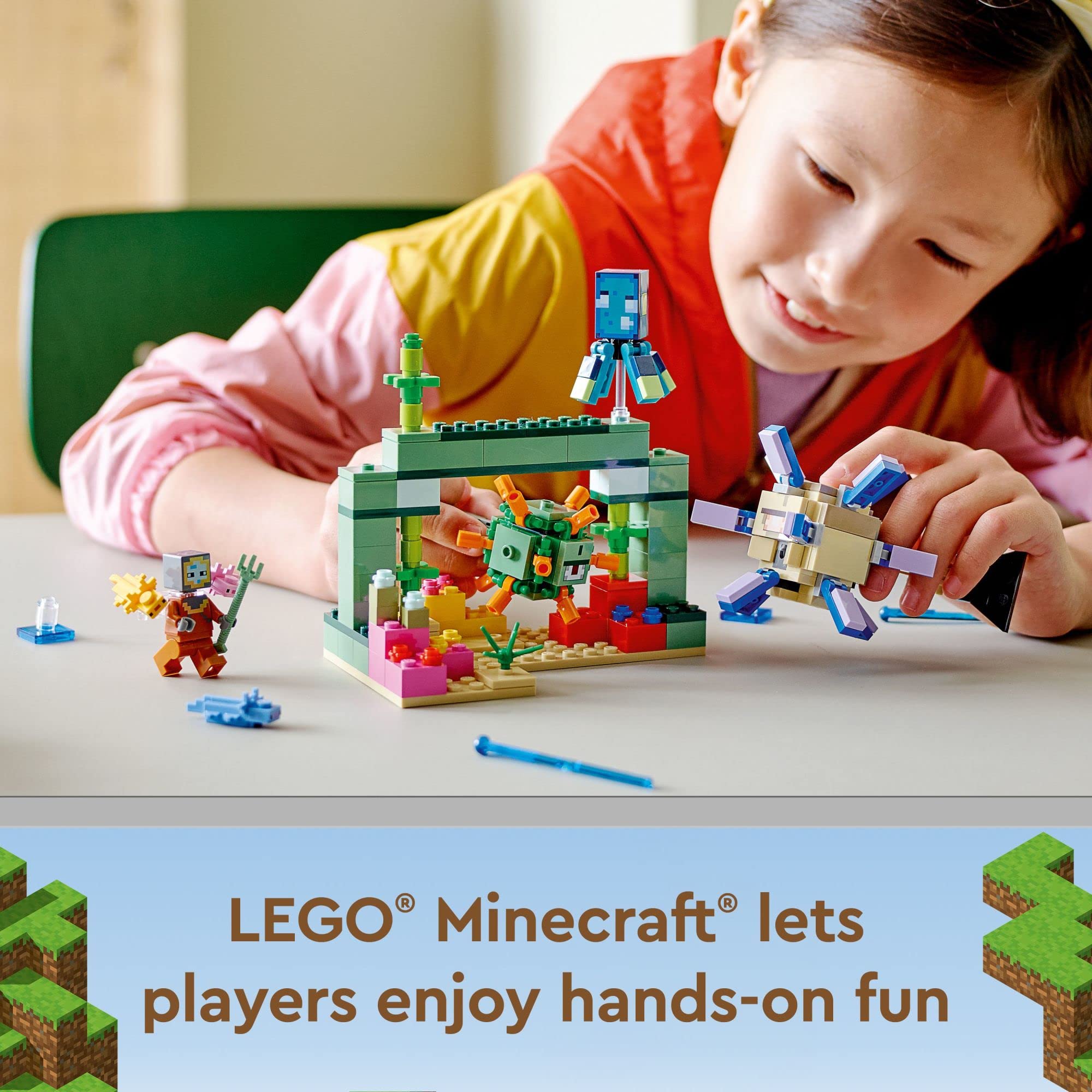 LEGO Minecraft Guardian Battle axolotls add friendly helpers for supportive gameplay.