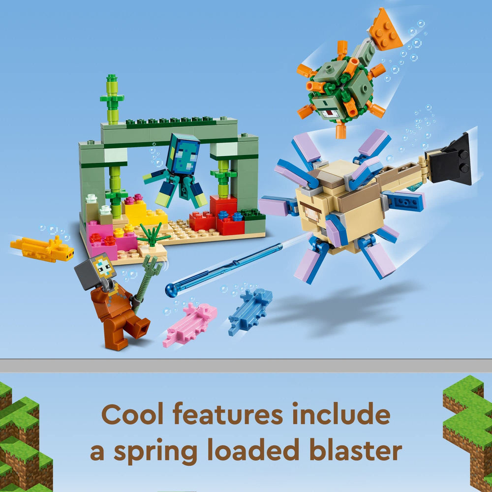 LEGO Minecraft Guardian Battle elder guardian figures add challenging foes for dramatic encounters.