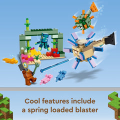 LEGO Minecraft Guardian Battle elder guardian figures add challenging foes for dramatic encounters.