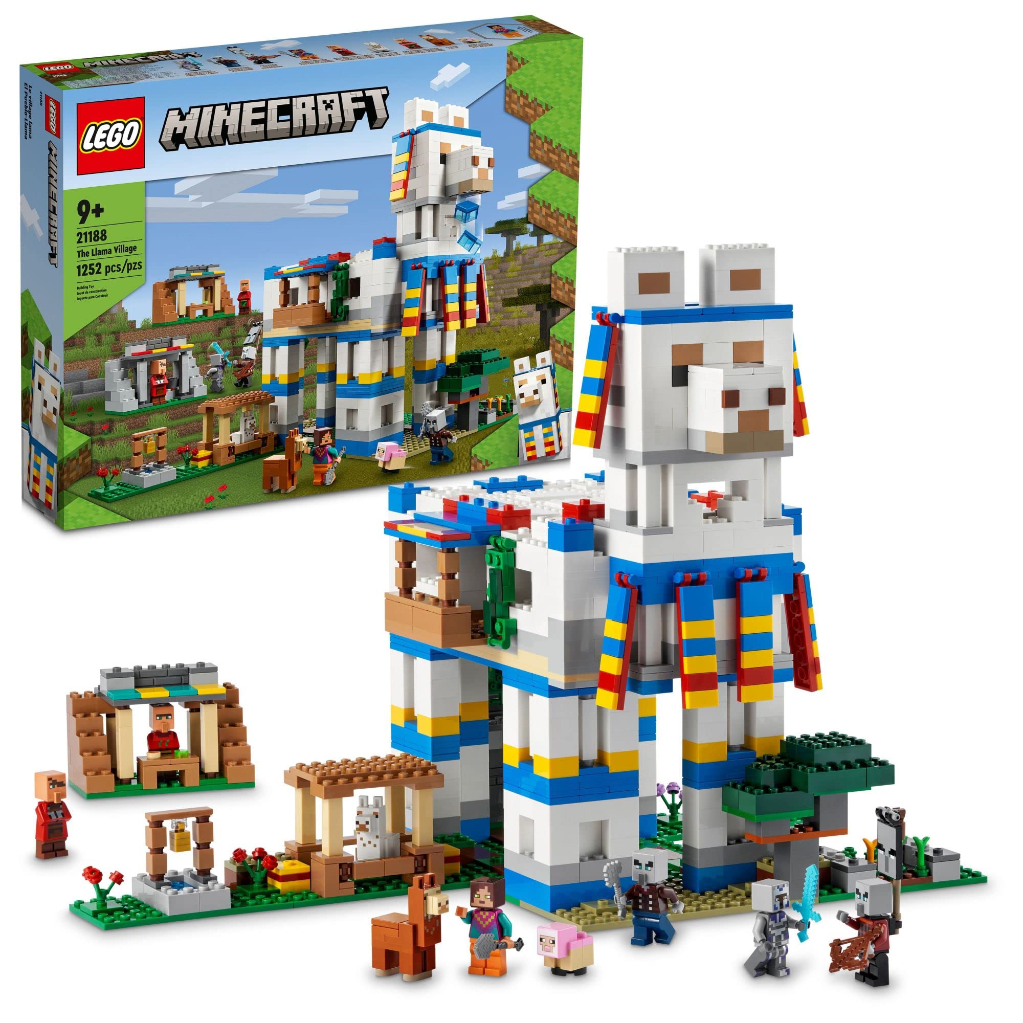 LEGO Minecraft llama house front view highlights intricate brickwork for imaginative play.