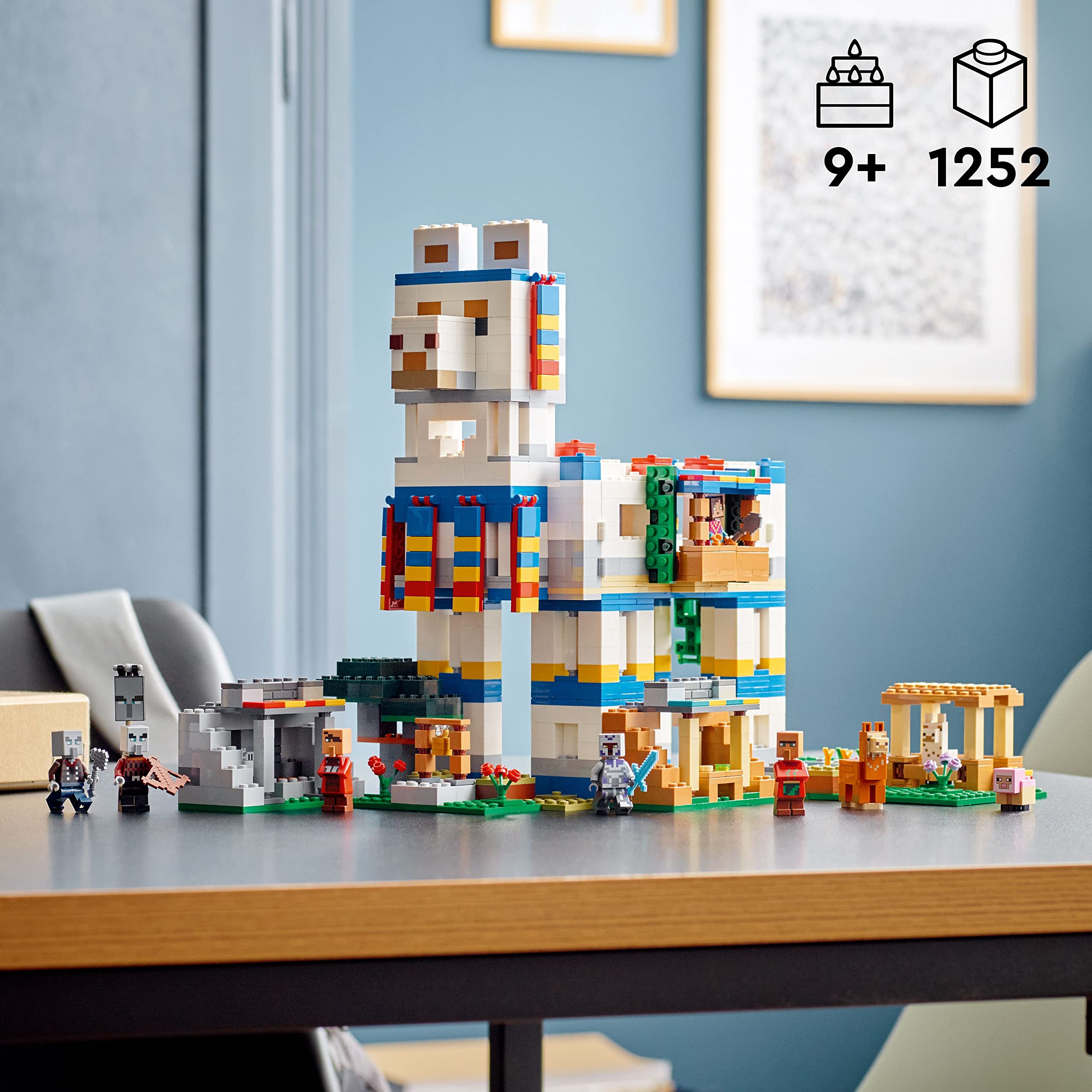 LEGO Minecraft llama village buildings show modular layout for creative village design.