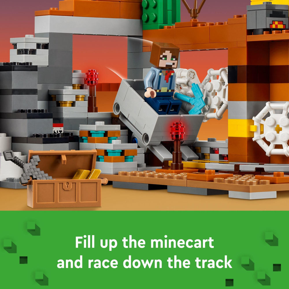 LEGO Minecraft minecart and rail system adds dynamic travel play.