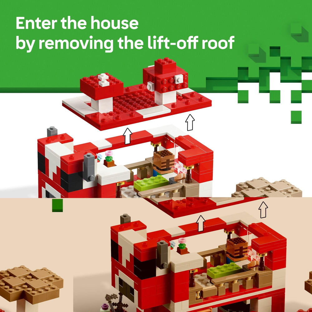 LEGO Minecraft Mooshroom House calico cat figure shown with adjacent farm details for playful storytelling