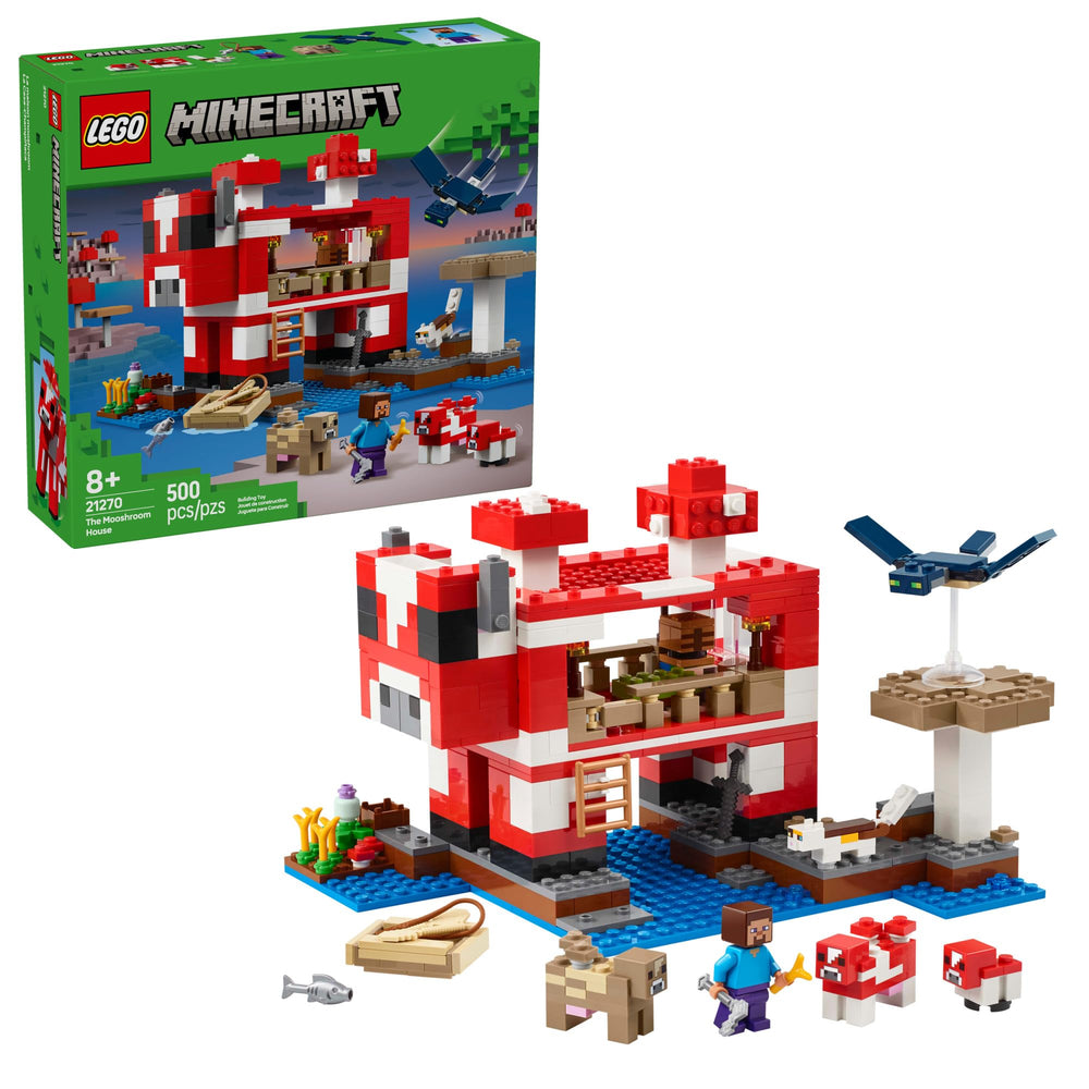 LEGO Minecraft Mooshroom House with Steve figure enables interactive pretend play on a mushroom island