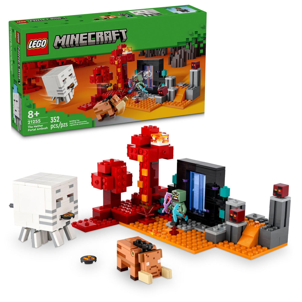 LEGO Minecraft Nether Portal Ambush battle scene with portal setup and mobs.