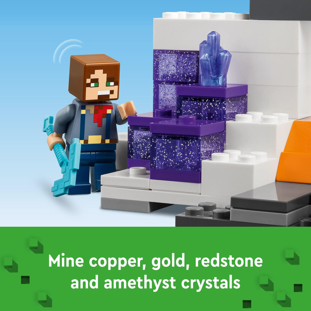 LEGO Minecraft ores copper gold redstone amethyst showcase exciting mining rewards.