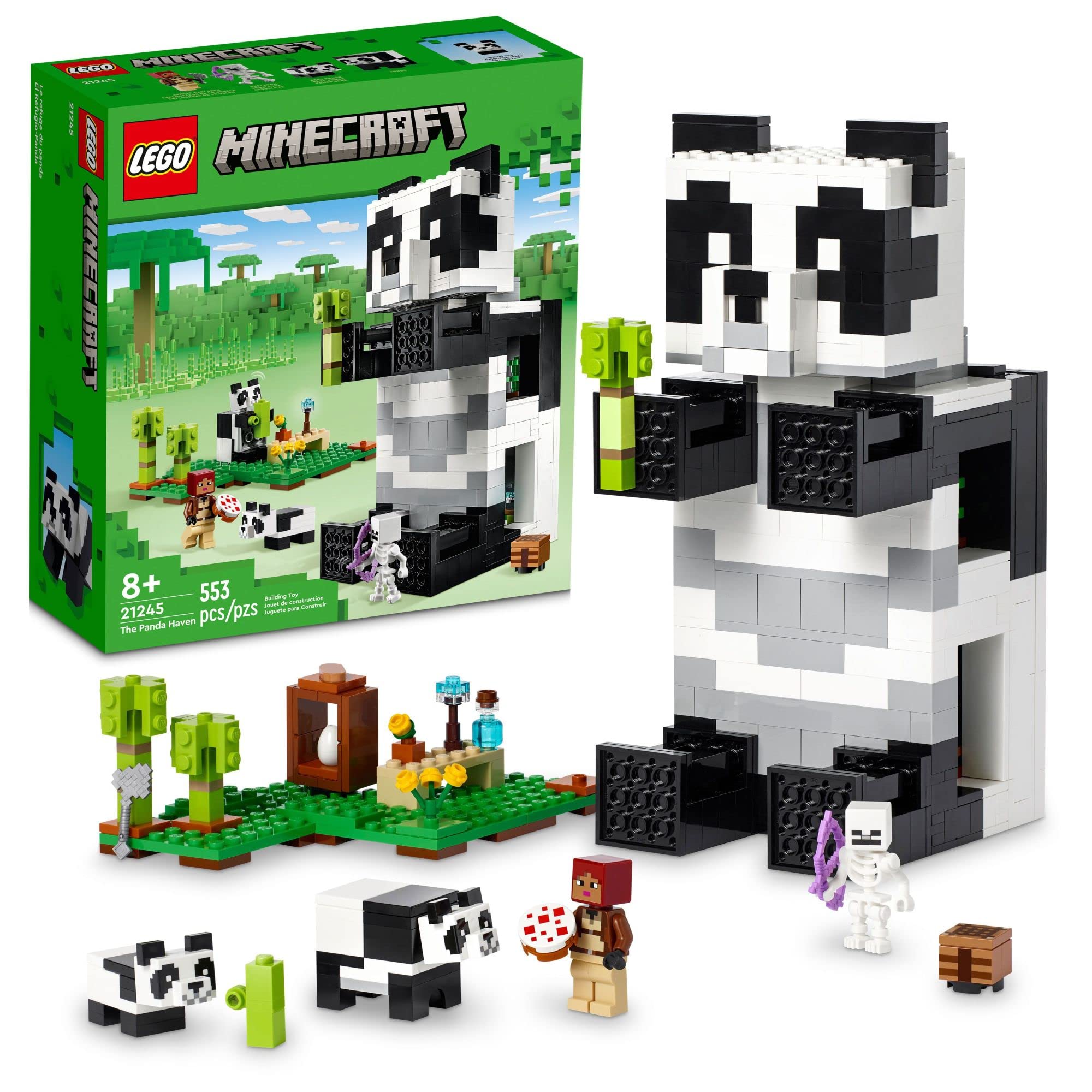 LEGO Minecraft Panda Haven exterior view highlights the playful panda house for imaginative play.