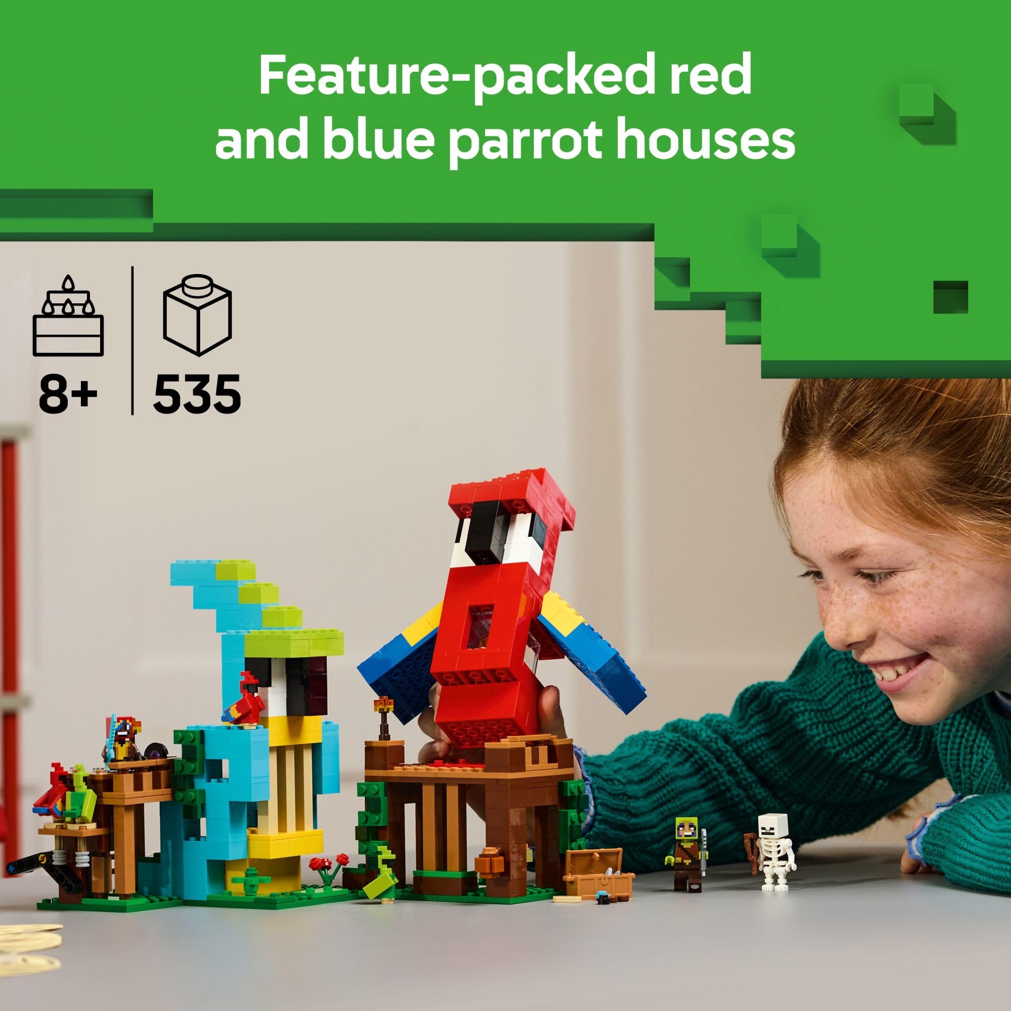 LEGO Minecraft Parrot Houses interiors showing chests and barrels for pretend storage