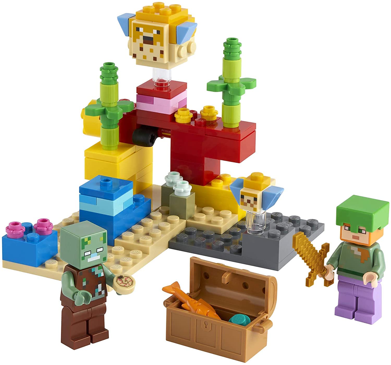 LEGO Minecraft puffer fish figures add bright action and color.