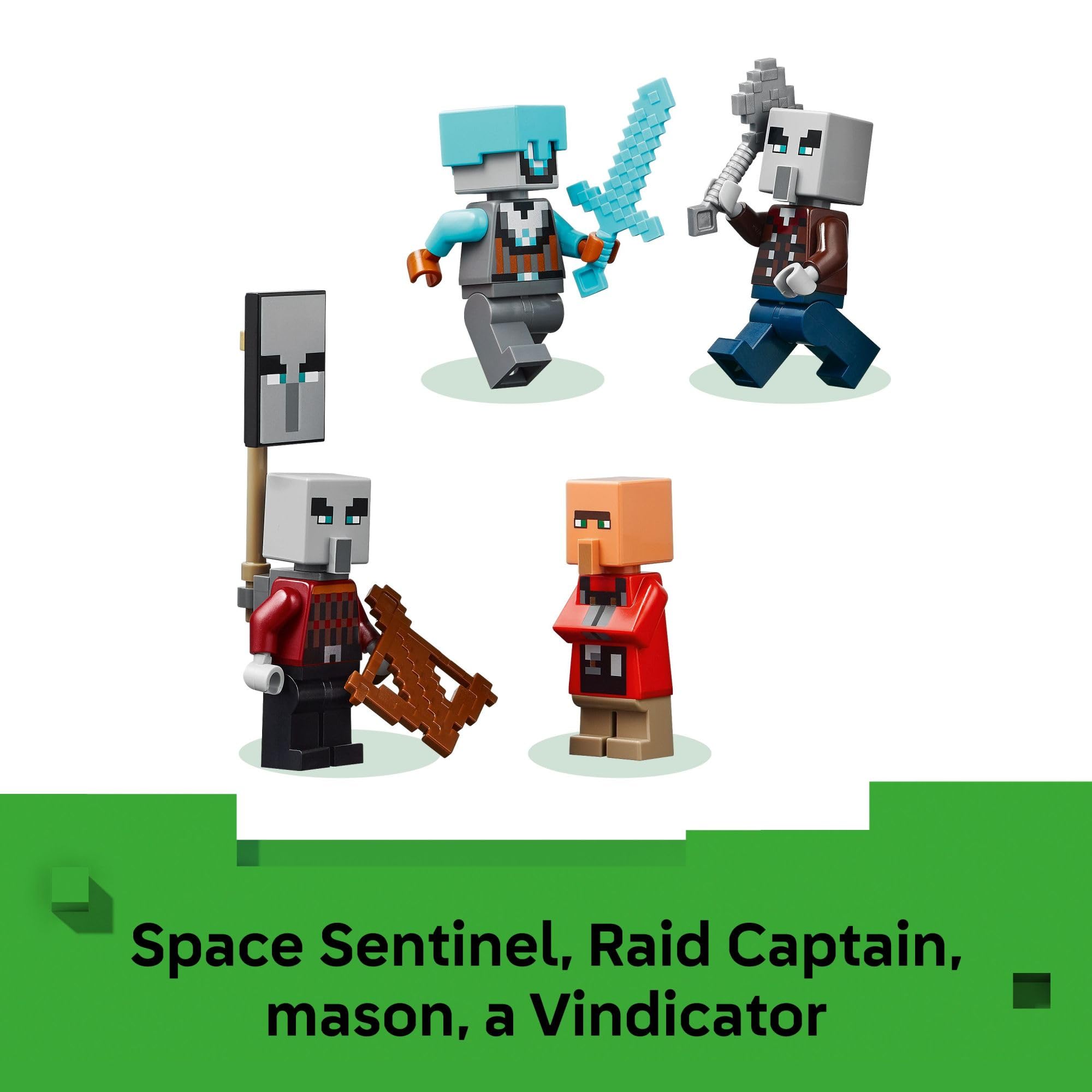 LEGO Minecraft Raid Captain and Space Sentinel minifigures ready for battle.