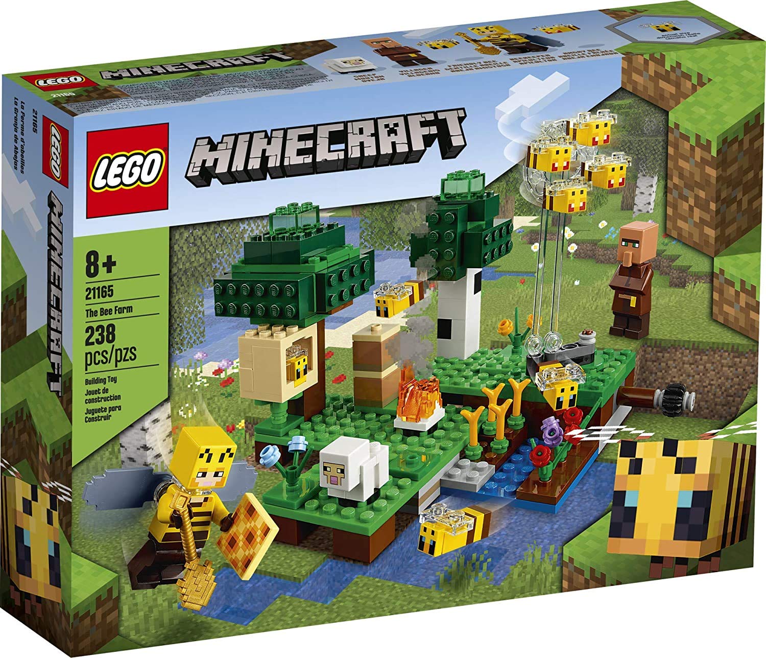 LEGO Minecraft The Bee Farm shows beehive and beekeeper for imaginative play